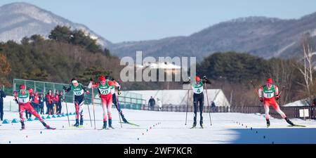 Pyeongchang, South Korea. 29th Jan, 2024. Athletes compete during the semifinal of Men's Sprint Free of Cross-Country Skiing event at the Gangwon 2024 Winter Youth Olympic Games in Pyeongchang, South Korea, Jan. 29, 2024. Credit: Hu Huhu/Xinhua/Alamy Live News Stock Photo
