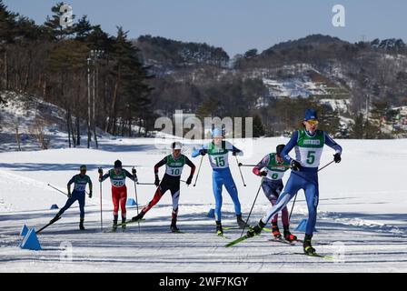 Pyeongchang, South Korea. 29th Jan, 2024. Athletes compete during the quarterfinal of Men's Sprint Free of Cross-Country Skiing event at the Gangwon 2024 Winter Youth Olympic Games in Pyeongchang, South Korea, Jan. 29, 2024. Credit: Hu Huhu/Xinhua/Alamy Live News Stock Photo