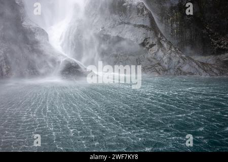 Waterfall at Milford Sound, Piopiotahi, South Island, Fiordland National Park, New Zealand Stock Photo