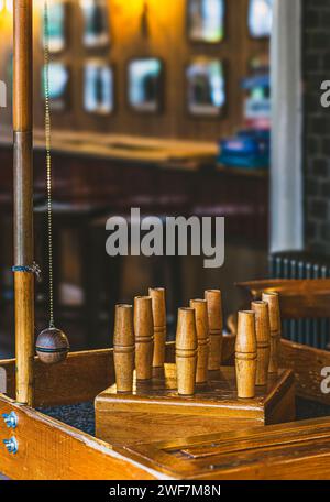 Pub in London with bar skittles a hand-crafted bar game. Stock Photo