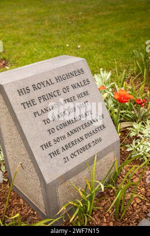 Wales, Glamorgan, Aberfan, memorial garden, Prince Charles stone commemorating visit on aniversary of 1966 Pantglas School disaster Stock Photo