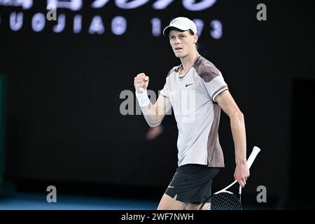 Melbourne, Australia. 28th Jan, 2024. Jannik Sinner of Italy during the Australian Open AO 2024 men's final Grand Slam tennis tournament on January 28, 2024 at Melbourne Park in Australia. Photo by Victor Joly/ABACAPRESS.COM Credit: Abaca Press/Alamy Live News Stock Photo