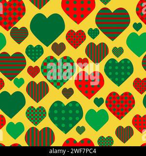 Hearts with different prints in the colors of Christmas wrapping paper Stock Vector