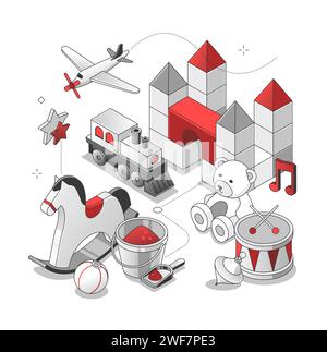 Kids toys - isometric black and red line illustration Stock Vector