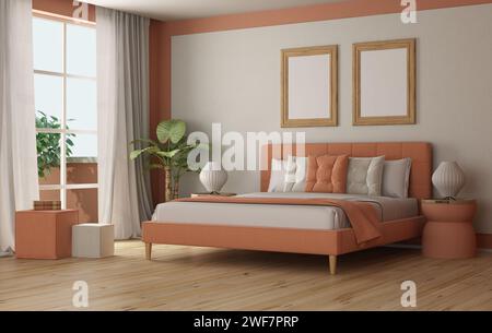 Modern bedroom with double bed in peach fuzz color, nightstand. footstool and window - 3d rendering Stock Photo