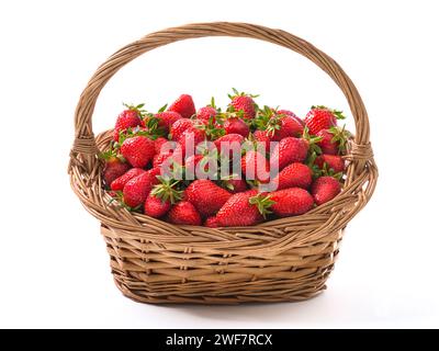 Vintage basket full of freshly harvested ripe strawberries, vibrant red healthy and yummy fruits, isolated on white Stock Photo