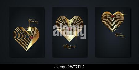 Happy Valentines day vector set greeting card. Gold hearts on black background. Holiday poster with gold text, jewels. Concept for Valentine banner Stock Vector