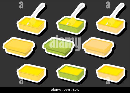 Illustration on theme big colored set different types creamy butter, dairy oil various size, creamy butter pattern consisting of collection accessory Stock Vector