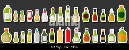 Illustration on theme big kit varied glass bottles filled thick sauce wasabi, bottles consisting from sauce wasabi, empty labels for titles, sauce was Stock Vector