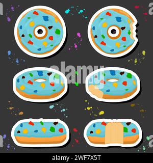 Illustration on theme big set different types sticky donuts, sweet doughnuts various size, donut pattern consisting of collection organic doughnuts fr Stock Vector