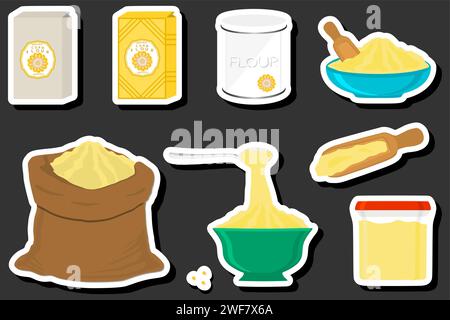 Illustration on theme big set different types dishware filled corn flour, corn flour pattern consisting of collection dishware for organic cooking, ca Stock Vector