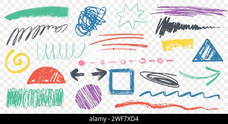 Hand drawn charcoal pencil squiggles, wavy lines and shapes. Color rough crayon strokes, arrows and curly scribbles collection. Freehand chalk smear, marker stripes and circles. Childish drawing set. Stock Vector