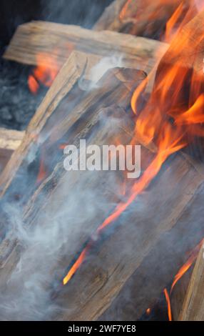 Damp oak firewood flares up with difficulty in a smoky fire Stock Photo