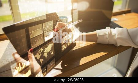 Virtual screen business intelligence dashboard, analytics and big data technology concept. Stock Photo