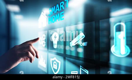 Smart home control panel on virtual screen. Internet of things, IOT, process automation concept. Stock Photo