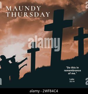 Composition of maundy thursday text over people pointing silhouettes and crosses Stock Photo