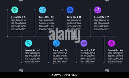 Infographic template with icons and 8 options or steps. Dark timeline. Can be used for workflow layout, diagram, banner, webdesign. Vector illustratio Stock Vector