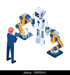 Flat 3d Isometric Businessman Use Robotic Arm Build Ai Robot. Artificial Intelligence and Robotics Technology Concept. Stock Vector