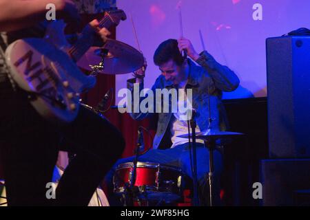 Matt Buckley, drummer of No Hot Ashes performing live at The Deaf Institute on 21st June 2014 Stock Photo