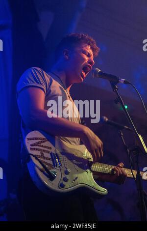 Isaac Taylor, lead singer and guitarist of No Hot Ashes performing live at The Deaf Institute on 21st June 2014 Stock Photo