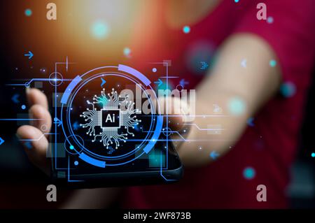 Concept. Businessman using smartphone to program digital chatbot robot. Conversation assistant. Artificial intelligence concept. AI digital chatbot on Stock Photo
