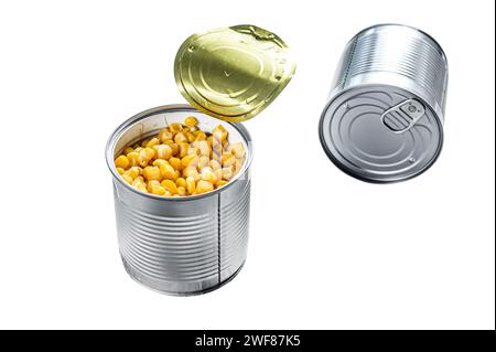 Canned corn in a tin can. canned food. Isolated on white background. Top view Stock Photo