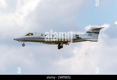 US Air Force Learjet C-21A jet from 76th Airlift Squadron arriving at Ramstein Air Base. Ramstein, Germany - June 23, 2023 Stock Photo