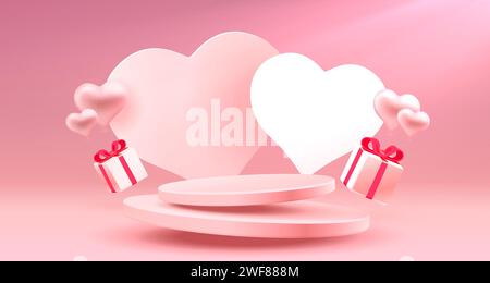 Podium with heart and balloons of Happy Valentines Day, greeting card from February 14. Vector. Stock Vector