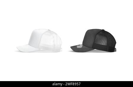 Blank white trucker hat mockup, profile view, 3d rendering. Empty protection sporty head-dress with netback mock up, isolated. Clear unisex flannel or Stock Photo