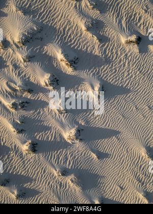 Close up aerial view capturing the textured patterns of the Corralejo Dunes in the soft light of Fuerteventura Stock Photo