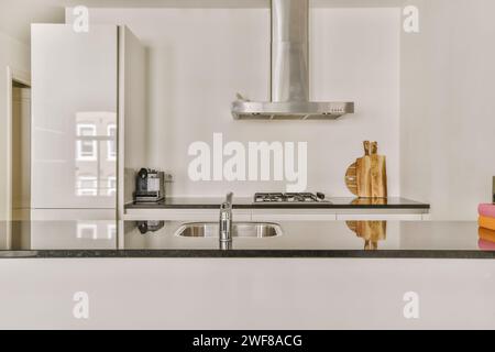 A sleek kitchen features a stainless steel stove, hood, and sink, complemented by a minimalist white cupboard design. Stock Photo