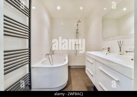 An immaculately designed modern bathroom featuring a white freestanding bathtub, a spacious vanity with drawers, a wall-mounted mirror, and stylish ti Stock Photo