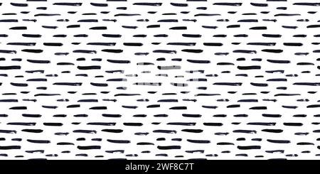 Thin horizontal lines pattern on white background. Hand drawn small black dash seamless texture. Black linear ornament. Memphis style background with Stock Vector
