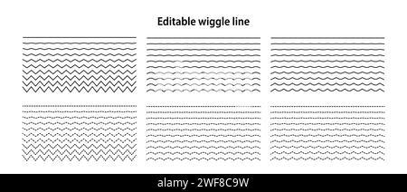 Editable wiggle lines. Set of wavy curves and zigzag intersecting horizontal strokes. Transition from a straight line to a wavy one. Geometric design Stock Vector