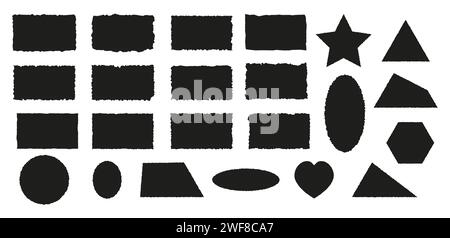 Set of torn paper pieces. Black grunge jagged heart, crown, drop, star frames. Vector torn paper sheet for sticker, collage, banner. Ripped geometric Stock Vector