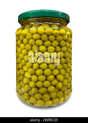 Pickled peas in glass jar with green cap isolated on white with clipping path included Stock Photo