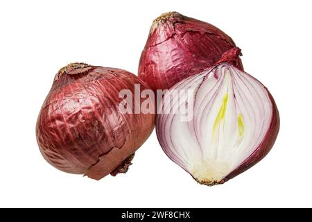 Close up of delicicus unpeeled Red Onions isolated on a white background with copy space Stock Photo