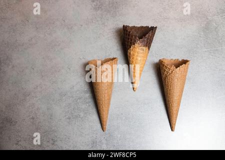 Top view of three empty ice cream cones. Soft focus Stock Photo