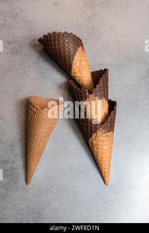 Top view of three empty ice cream cones. Soft focus Stock Photo