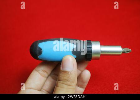 A hand holding a Mini stainless steel screwdriver with black and blue handle, which functions to turn screws. On a red background Stock Photo