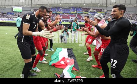 Doha, Qatar. 29th Jan, 2024. Jordan's players celebrate winning the round of 16 match between Iraq and Jordan at AFC Asian Cup Qatar 2023 in Doha, Qatar, Jan. 29, 2024. Credit: Cao Can/Xinhua/Alamy Live News Stock Photo