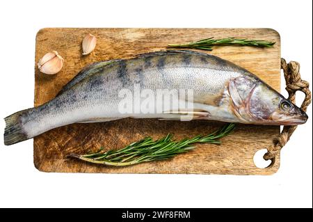 Raw pike perch, pikeperch fish. Fresh fish. Isolated on white background. Top view Stock Photo
