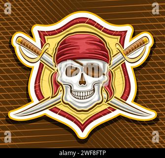 Vector logo for Pirate Skull, decorative label with illustration of wicked smiling pirate skull in red bandana and crossed swords for e-sport team, ma Stock Vector