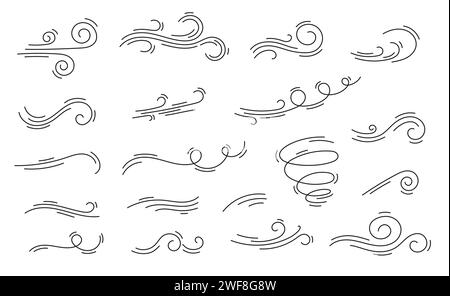 Doodle air wind motions, linear icons of hurricane blow and windy storm wave, cartoon vector. Wind flow effects in line art, breeze wind blowing or hurricane speed motion with spiral windy twirls Stock Vector