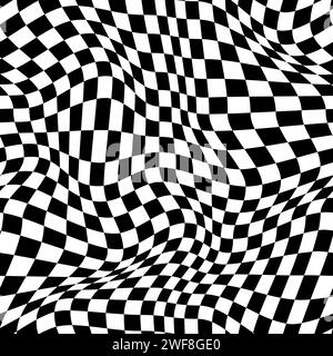 Wavy optical illusion checker seamless pattern background, trippy checkerboard. Vector mesmerizing, monochrome swirl. Undulating, abstract distorted psychedelic texture that play tricks on perception Stock Vector