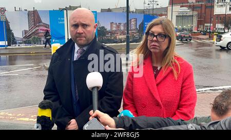 Detective Chief Inspector James Entwistle, from West Yorkshire Police's Homicide and Major Enquiry Team, and Karen Sykes, Head of Safeguarding at Leeds Teaching Hospital NHS Trust, making a joint appeal Outside Leeds General Infirmary to the mother of a baby girl found deceased in Oulton, Leeds. Picture date: Monday January 29, 2024. Stock Photo