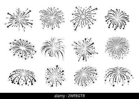 Firework silhouettes and carnival stars explosion for holiday celebration, vector icons. Christmas, New Year and birthday anniversary or festival party confetti popper explosion with star spark splash Stock Vector