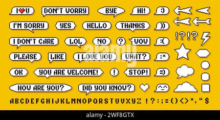 8bit retro pixel speech bubble messages and arrows, like and subscribe, follow, vector pixel font. Chat speech bubbles in 8 bit pixel art, dialog boxes and game talk or message clouds and stars icons Stock Vector