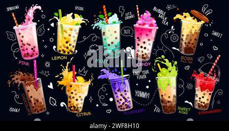 Cartoon milk bubble tea with splash for drinks bar menu, vector beverage cups in doodle chalk on blackboard. Milk bubble tea with fruit or berry flavors, chocolate, candy or strawberry topping splash Stock Vector