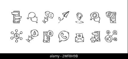 Smartphone using doodle icon set. Hand drawn sketch online robot chatbot, Social media direct messaging and followers, subscribe and enable notificati Stock Vector